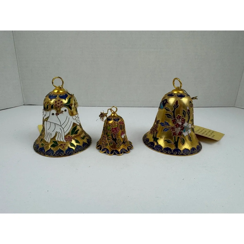 Vintage Precious Cloisonne Bells Set of 3 Gold Plated Enamel Chinese Art Decor